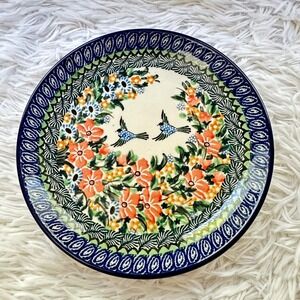 POLISH POTTERY Unikat 8 in Salad/ Accent Plate Decor Birds Multicolor Florals